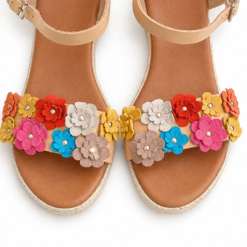 Floral Applique Espadrille Wedge Sandals Tan Multi Color Boho Flower Strappy 7